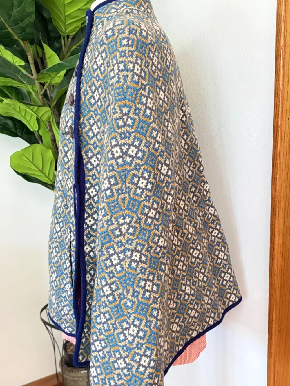 Vintage Welsh Wales Wool Tapestry Geometric Print Gold Blue White Asymmetric